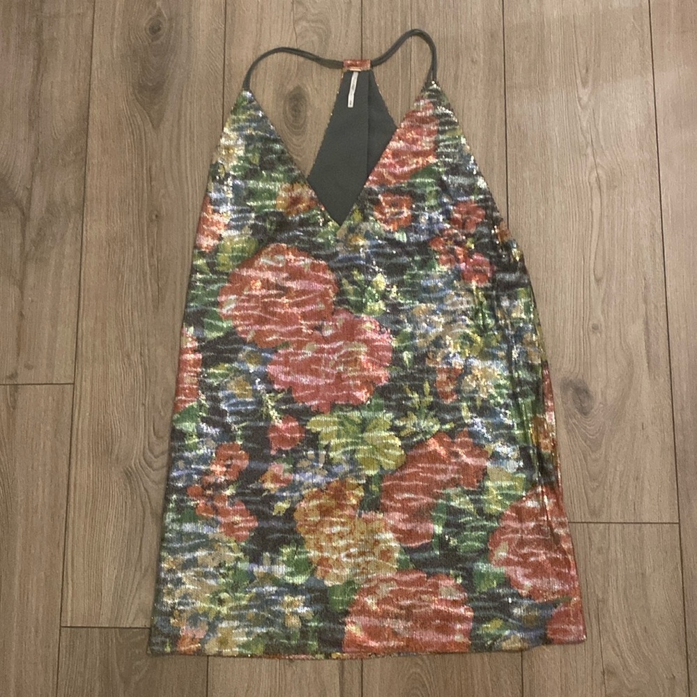 Free People Floral Sequin Mini Dress in Green, Red, Gold